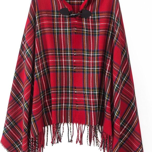 Women's Vintage Plaid Knitted Tassel Poncho Shawl Cape Button Cardigan - Picture 1 of 5
